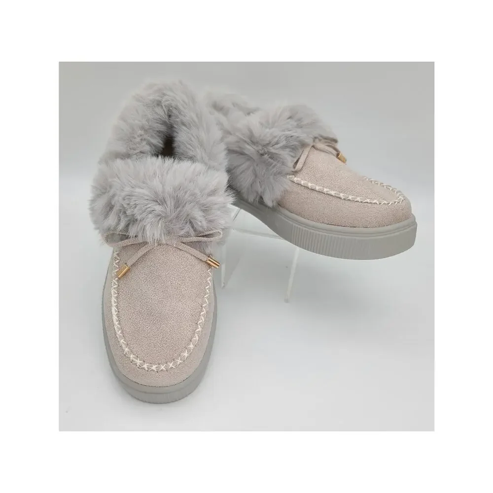 NWOT Rockomi Women's Sz 6 Gray Faux Fur Suede Slip-On Shoes Flats Comfort Casual